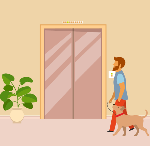 cartoon of man and dog walking to the elevator 