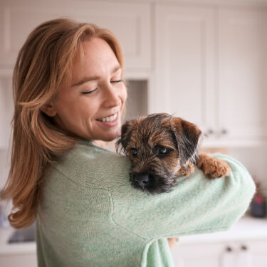 Boy playing with puppy at home.