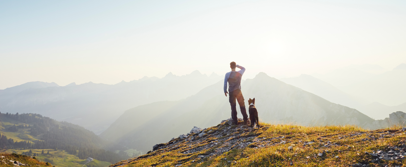 dog and male owner looking over the moutain