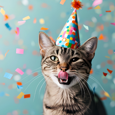 Cat wearing a party hat with confetti falling