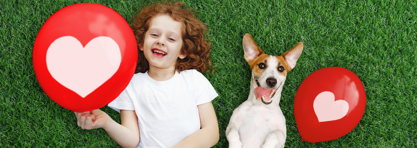 Young girl with dog laying on grass with red heart balloons. 