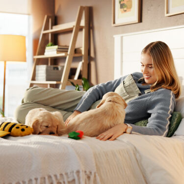 Boy playing with puppy at home.