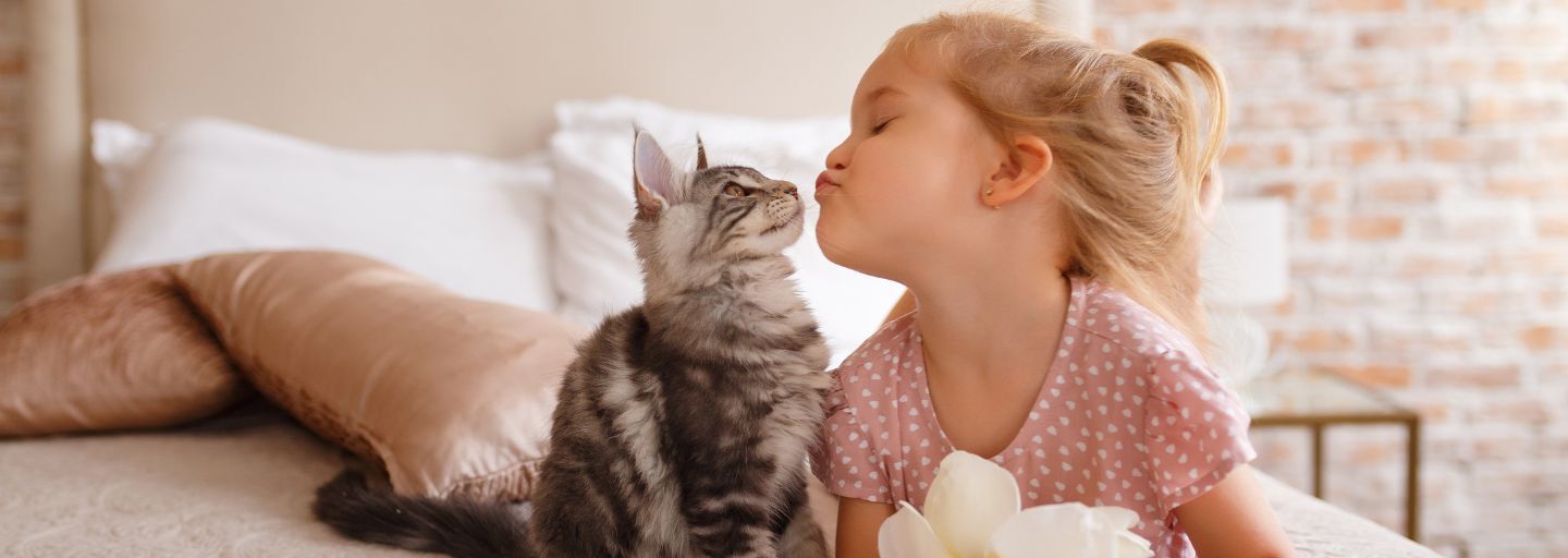 Little girl and Cat sitting together on bed 