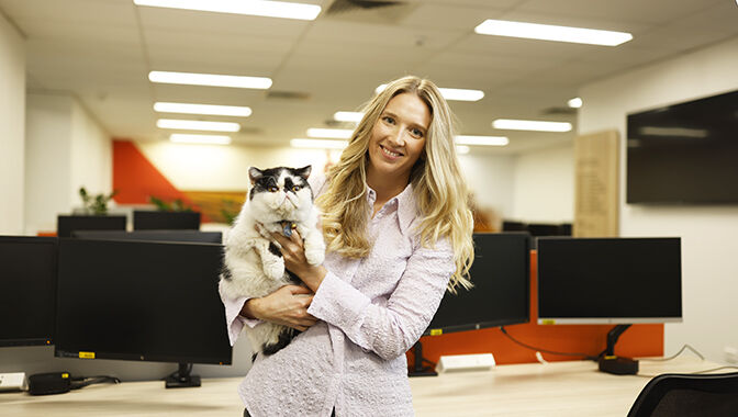 golden retriever in the office with employees