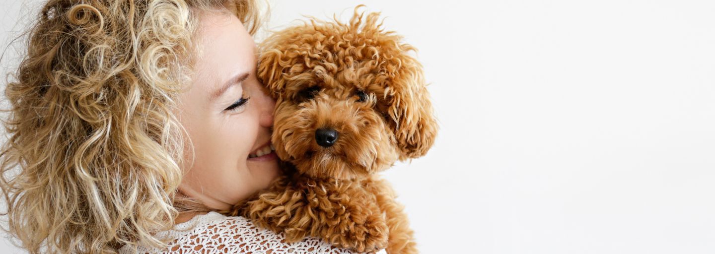 Owner and puppy cuddling together