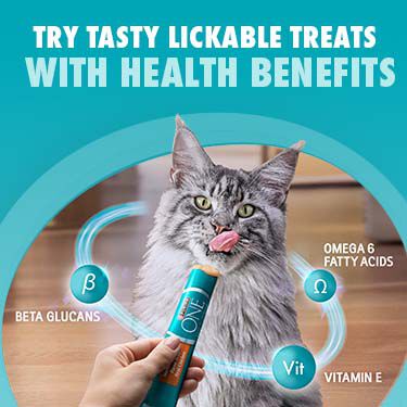 Purina One new cat treats logo with cat licking their lips