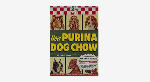 Six tiles with different dog breeds with text in the center: New Purina Dog Chow