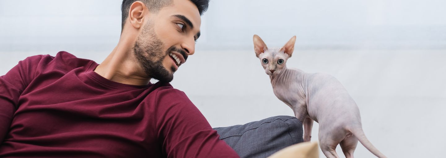 Owner sitting with his hairless cat