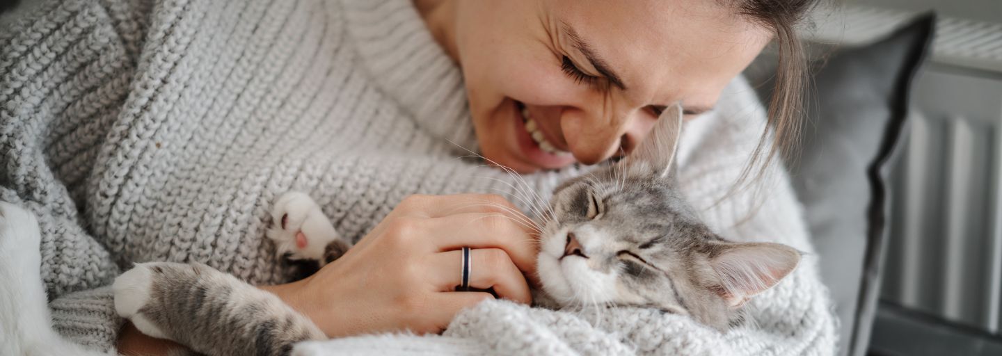 cat sleeping in owner's arm