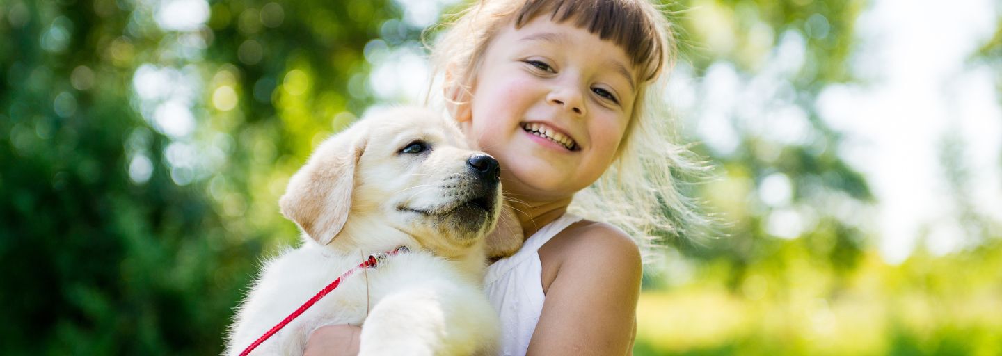 Girl hugging puppy in a park