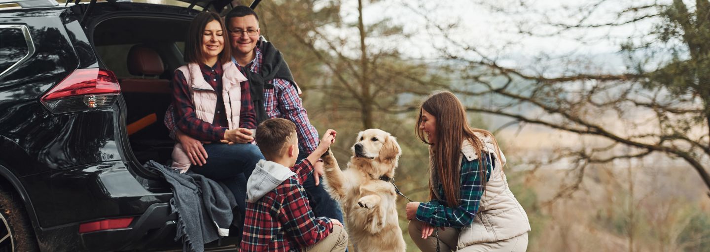 Happy family have fun with their dog near modern car outdoors in forest.