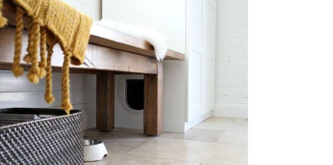 cupboard with cat flap entrance to cat litter box hidden inside